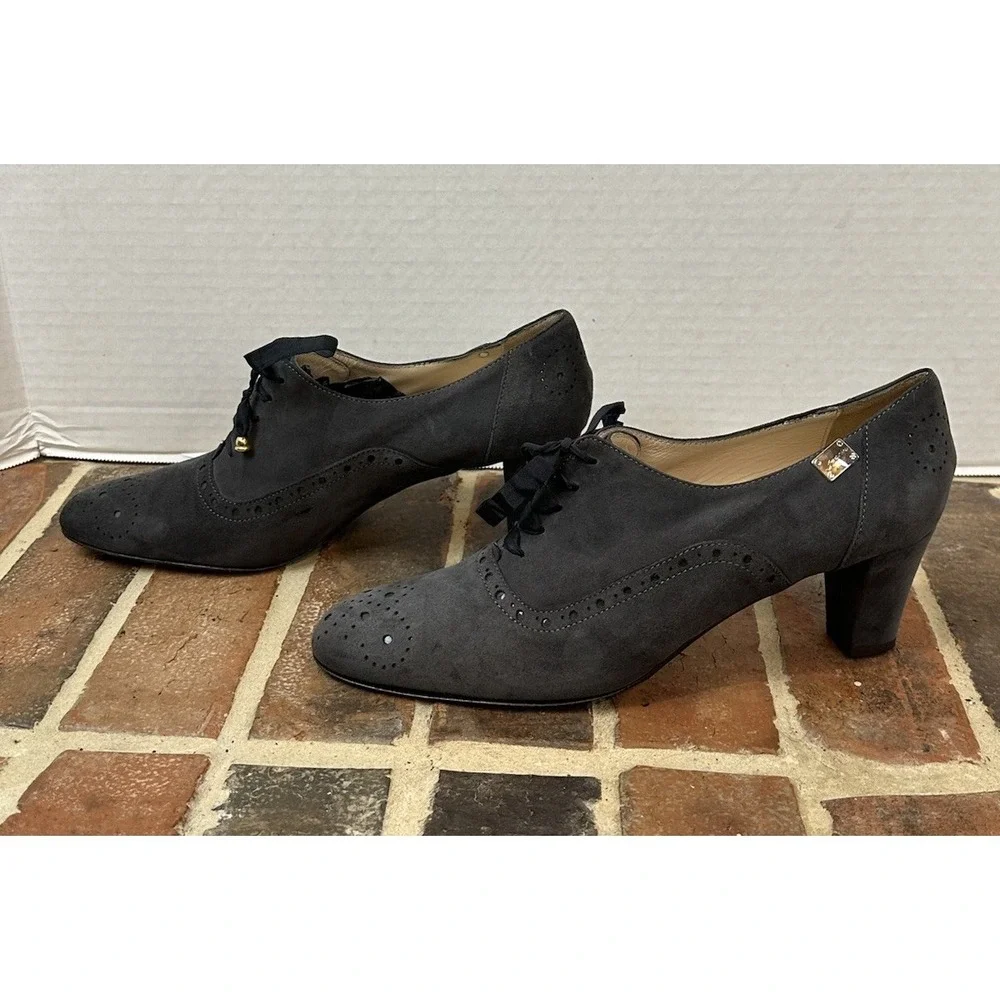 Joccia Italy Lace-Up Oxford Heel Gray Suede Handmade Wingtip Detail Women's 9.5